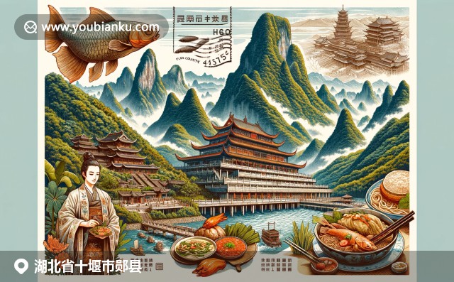 湖北郧县风景与文化融合，展示武当山、龙缸地质公园和辣鱼菜肴，搭配中国邮政元素
