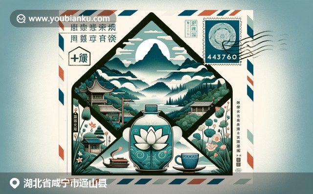 湖北通山县文化与地理特色的现代表现，展现九宫山、通山米酒和武当莲花，结合邮政元素