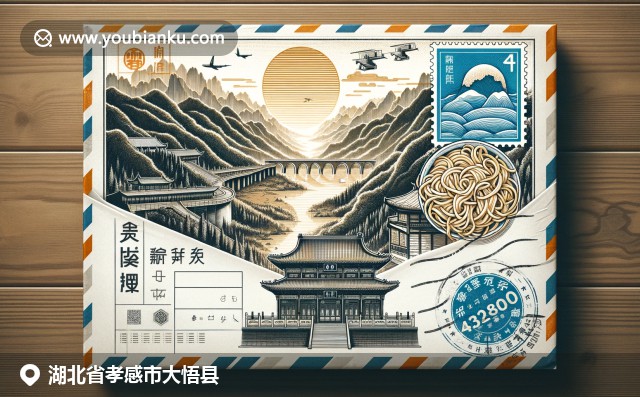 湖北大悟县邮政主题插图，武当山、热干面、拱桥元素呈现地方文化