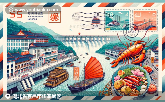 湖北宜昌伍家岗区的水电能源、河流运输与美食文化，融入复古航空邮件信封