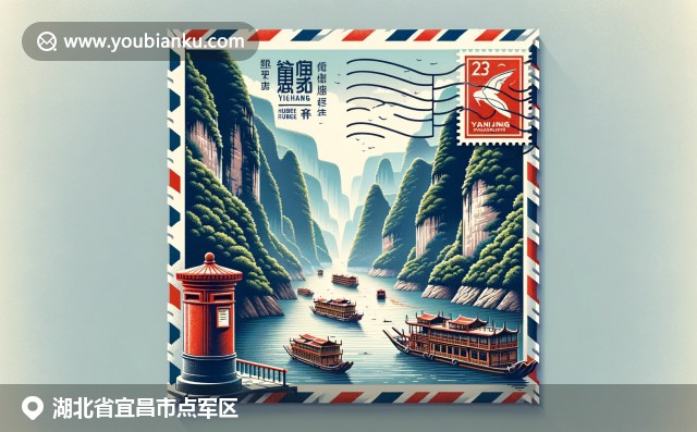 湖北宜昌点军区风景与邮政文化完美融合，展现西陵峡风光、长江渔船和经典邮政元素