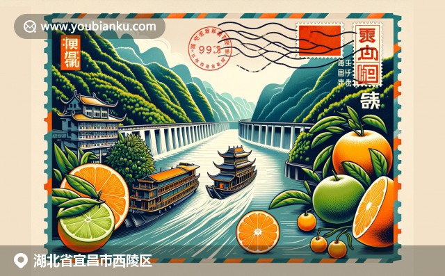 宜昌水域文化与工程成就的完美结合，传统帆船、三峡大坝和当地柑橘共同绘就丰富多彩的风景