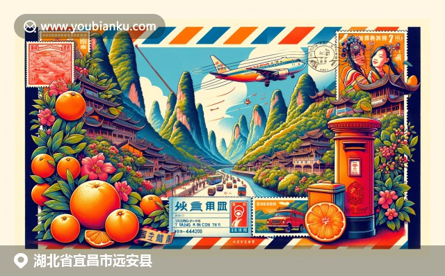 远安县文化与自然结合，展现武当山脉、土家族文化和特产柑橘，融入复古邮件元素