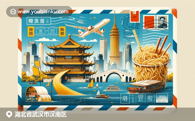 武汉文化精髓呈现：黄鹤楼、东湖、热干面与航空邮件元素完美融合