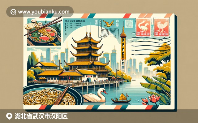 现代插画展示武汉市汉阳区地域特色，黄鹤楼、长江大桥与汉阳造元素融合