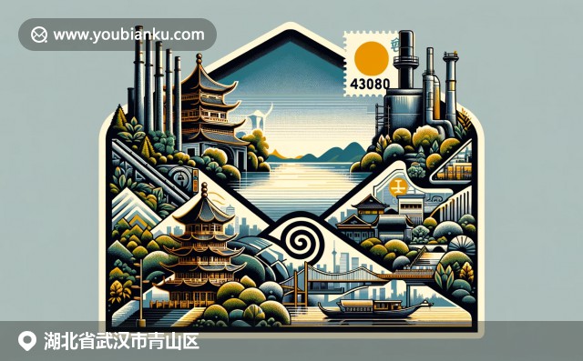 現代創意插圖展現了湖北武漢青山區的文化精髓：東湖美景、寶通寺歷史、鋼鐵工業元素融合於信封中，郵票上是黃鶴樓，郵戳上的編碼為430080
