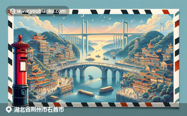湖北石首市特色画面：长江大桥、水产和明信片，现代插画风格