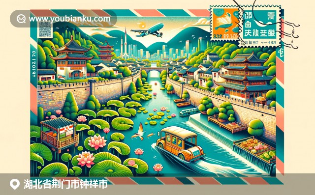 湖北钟祥市古城墙、荷花池美景与特色美食的融合，中国邮政元素点缀