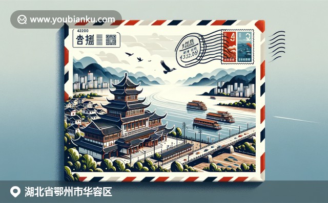 长江畔的自然风光与传统中国建筑，融入邮政元素的创意设计