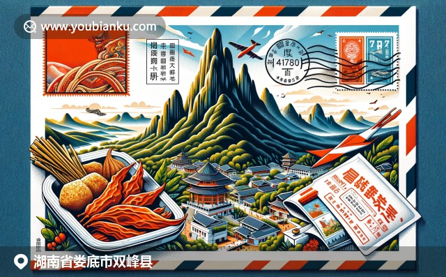 武陵山壮丽景色与双峰县特色辣味豆腐干相融，航空邮件信封设计展现当地风景与文化