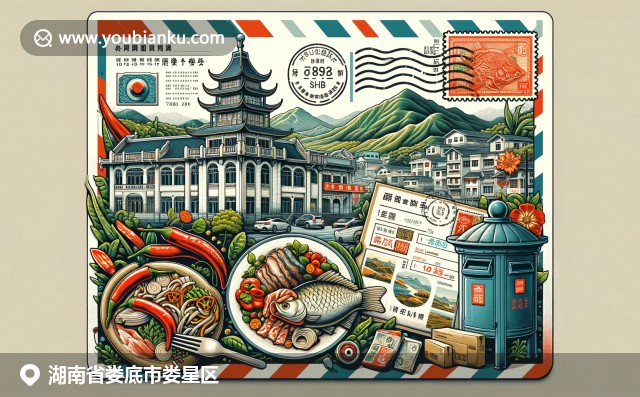湖南婁星區417000郵政編碼插圖，展現地方文化和美食特色，融入航空信封和郵政元素