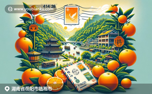 湖南临湘美景与文化特色的完美结合：君山岛、甜橙和传统中国邮件元素