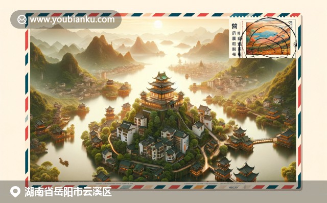 岳阳楼、洞庭湖和荷花等湖南地标元素与邮政特色完美融合，展现岳阳文化与邮政编码的现代描绘