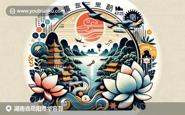 湖南华容县风光现代艺术插图，融合君山岛、洞庭湖和莲花元素，展示地区历史、地理和文化
