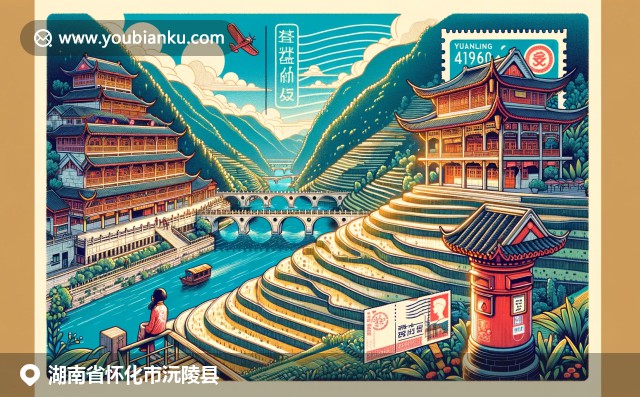 怀化沅陵县自然文化融合，描绘芙蓉镇与紫鹊界梯田，融入中国风明信片元素