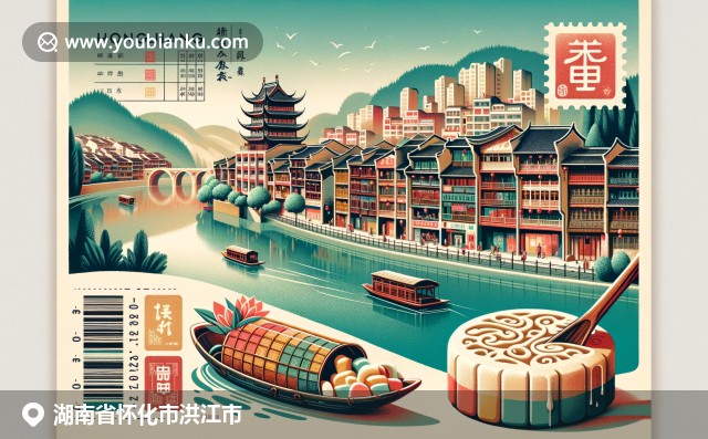 湖南洪江市文化和自然的结合，展现古商城、芙蓉江和米豆腐，融合中国邮政元素