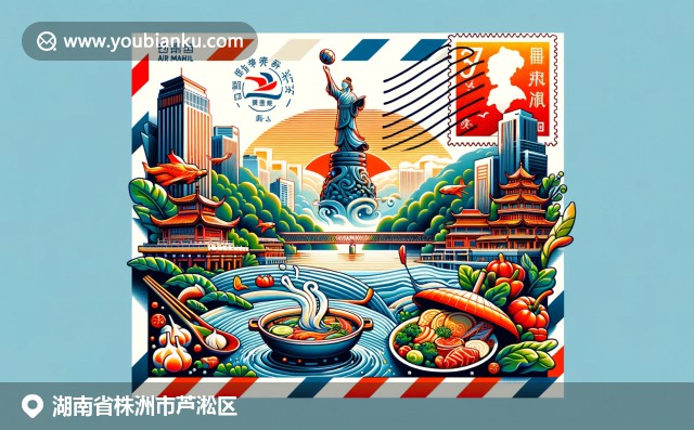 湖南芦淞区，展现炎帝神农雕像、湘江流域和辣火锅，融入航空邮件元素