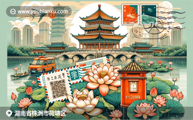 株洲市荷塘區炎帝廣場與荷花池塘景色相映，融入經典明信片設計與中國郵政元素