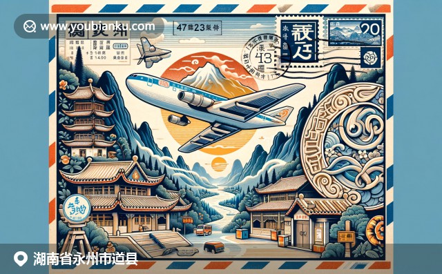 道县文化与邮政元素相融，复古航空邮件信封中心，周围点缀标志性符号，展现顺华山与女书文化遗产