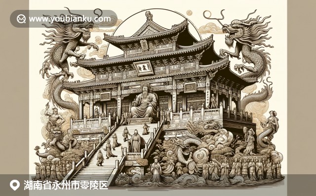 永州零陵區文化與郵政元素相融，展現文天祥雕塑和古代書院，背景為郵政明信片