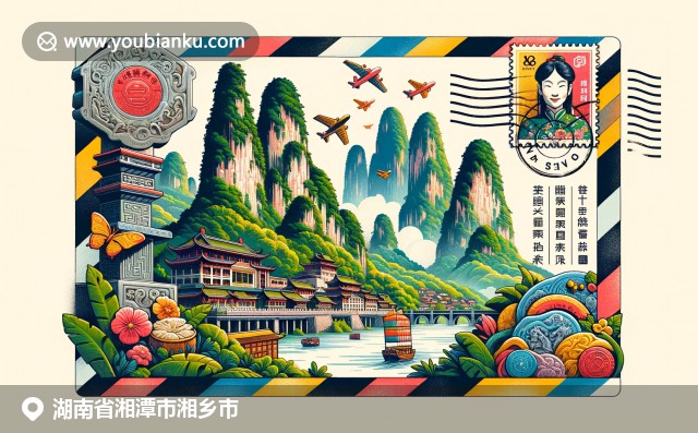 湘乡市地域特色与邮政元素的完美融合， 衡山山脉和臭豆腐融入明信片与邮政编码