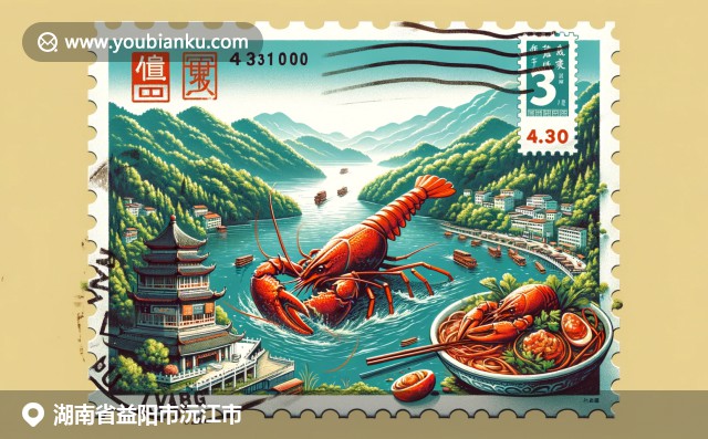 沅江风景与地方文化完美融合，具有特色的中国风邮政信封揭示出风光紫龙岛、湖南小龙虾和郁郁葱葱的景色