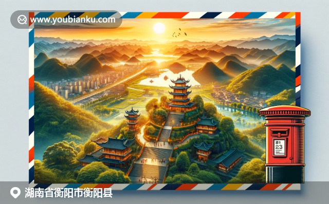 湖南衡阳衡山山峰与寺庙，剁椒鱼头美食，中国风航空邮件元素融合