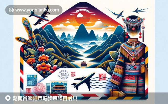 湖南城步苗族自治县的武陵山脉美景与传统服饰，融入邮政元素