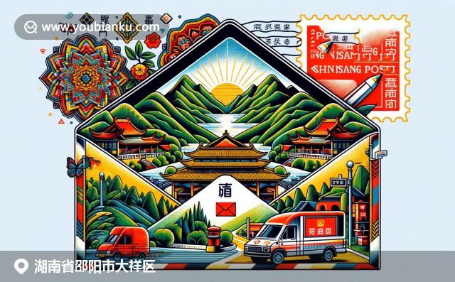 邵阳市大祥区的南山风景区与传统刺绣图案，中国邮政元素与邮编主题融合