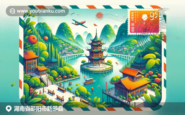 湖南新邵县的自然美景、美食文化和建筑遗产的完美融合，展现乡村风光、湖南辣鸡和中国亭子在中国邮政信封中的巧妙结合