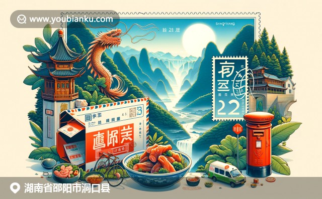 湖南邵阳洞口县的武良山风景与美食熏肉的结合，展现复古邮件信封、邮筒和邮政车，寓意沟通与连接