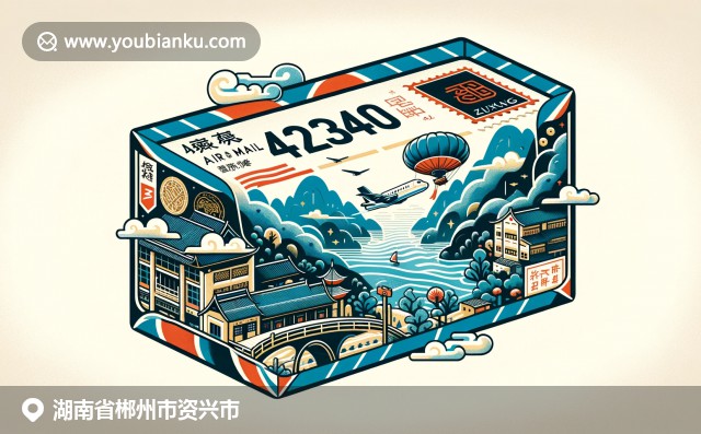资兴市邮政信封插图，展现清澈东江湖、高洲水库和茶文化元素的和谐融合
