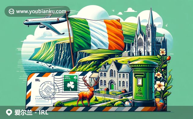 爱尔兰地域特色与邮政元素的现代插画：莫赫悬崖、圣帕特里克大教堂、爱尔兰红鹿和邮政邮筒