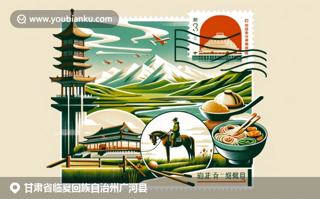 甘肅廣河縣，描繪桑科草原、劉家峽大壩和回族美食，現代插畫融入郵政元素