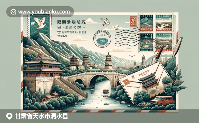 甘肅清水縣的歷史建築與自然風光，融入中國郵政元素，展現豐富文化和自然遺產