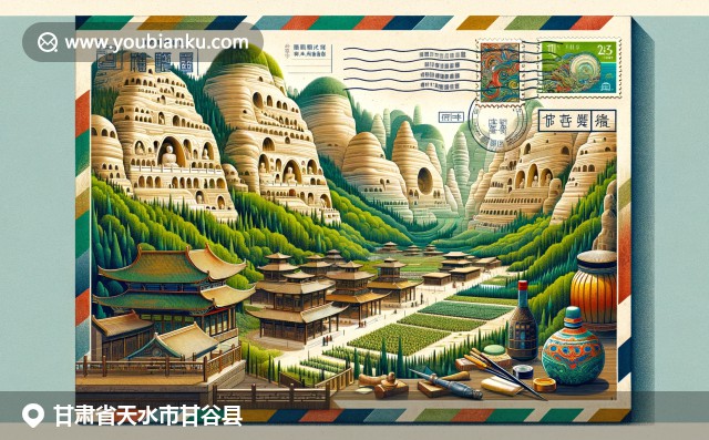 甘谷县文化与历史的结合，融合麦积山石窟、葡萄园和毛笔墨水，呈现中国传统与航空邮件元素