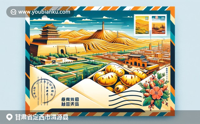 甘肃渭源县文化与自然的融合，展现黄土高原景观、渭源堡和甘薯，融入邮政元素