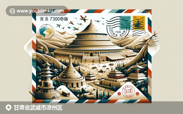 武威凉州区航空邮件信封设计，展示733000邮政编码与汉墓、海藏寺及胡杨林插图
