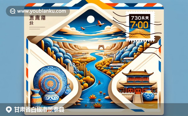甘肃白银景泰县石林、蓝陶与黄河大桥完美融合，现代邮政元素点缀，展现独特文化风貌
