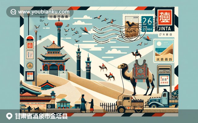 金塔縣秋色胡楊林、沙漠駱駝與敦煌壁畫融入航空信封創意設計，展現甘肅省文化與郵政元素的奇妙結合