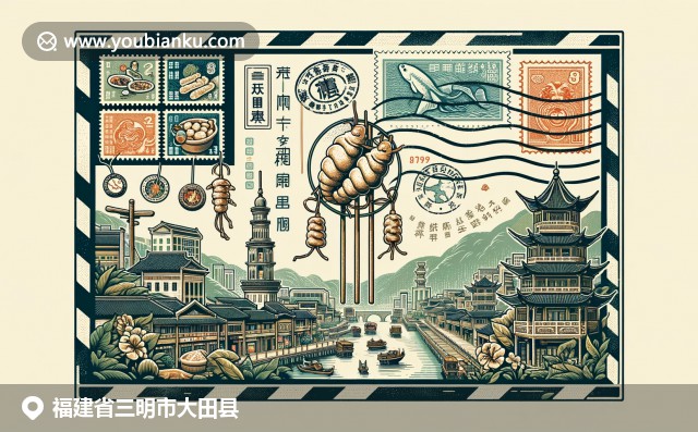 福建大田縣茶園與土樓的和諧交融，搭配中國傳統郵政文化元素，展現獨特韻味