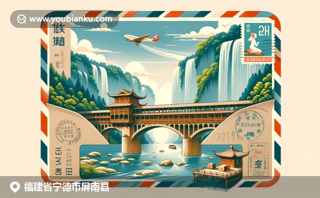 福建屏南县特色万安桥与白水洋风景，融合中国邮政主题明信片