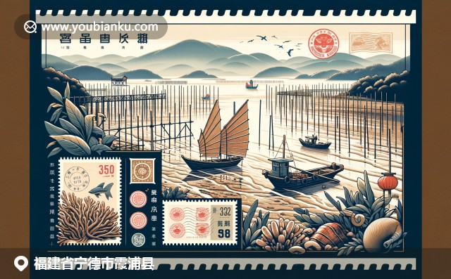 福建海岸的滩涂景观，传统福建海岸渔船，与当地海带紫菜特产相融，展现霞浦独特魅力