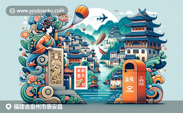 福建泉州惠安县，结合石雕、红砖建筑和海岸线景观，航空邮政明信片