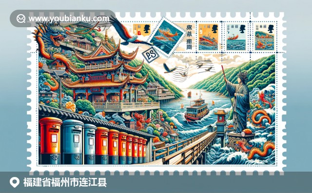 福建福州连江县融合传统与现代，展示石塔、海岛美景与特色小吃，凸显地域特色