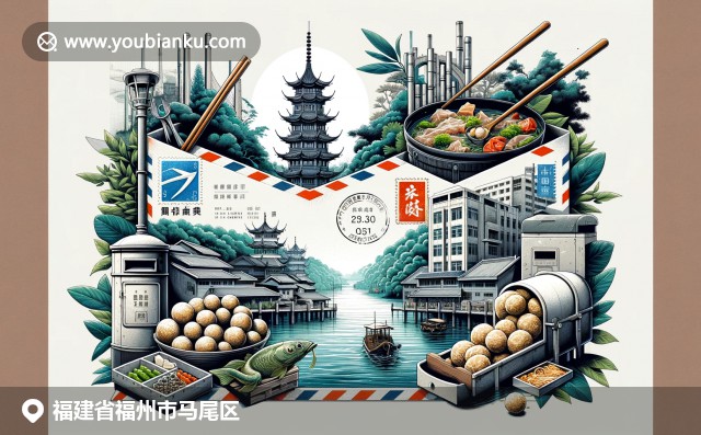 福建福州马尾区地方文化明信片，展示闽江风光、船政遗迹和美食特色