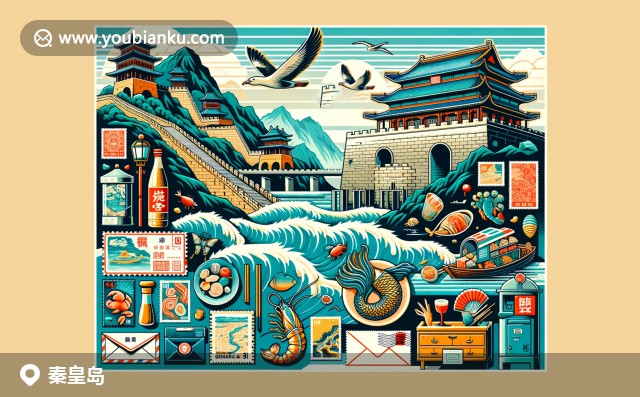 現代插畫展現秦皇島山海關和老龍頭，金色沙灘與蔚藍海水相映