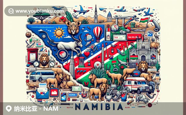 展现纳米比亚国旗色彩和地标，纳米布沙漠与埃托沙国家公园，原生动物及喜马拉雅部落文化，现代风格的邮政元素