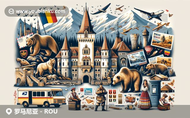 罗马尼亚自然与文化之美，展现布拉索夫城堡、喀尔巴阡山脉和传统服饰，融入狼和熊野生动物