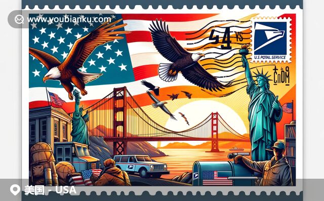 展現美國地標與郵政元素，明信片風格描繪自由女神像、金門橋和白頭鷹，突出自由與勇敢象徵